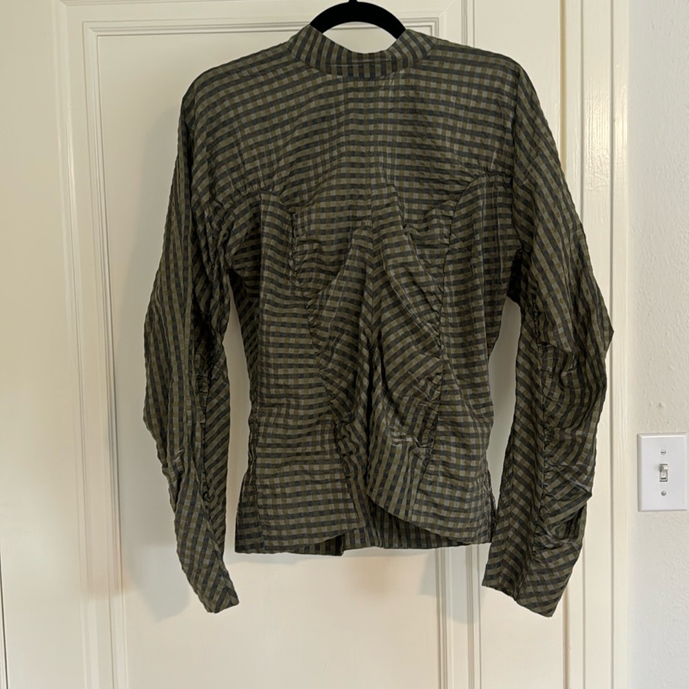 Ganni Plaid Print Mock Neck Blouse (L/XL)